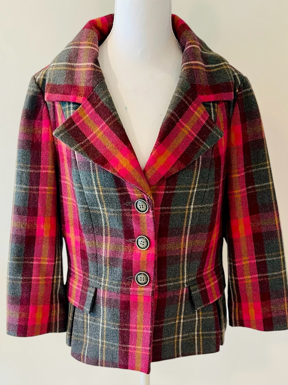 LAL Live a Little Plaid Wool Blazer Pink Gray Size Large